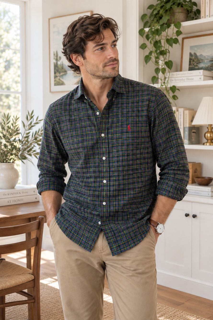 Ralph Lauren Plaid Shirt Mens L Custom Fit Green Blue Red Pony Long Sleeve